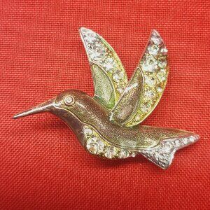 Liz Claiborne Green Enamel Rhinestone Hummingbird Broach Pin Signed LC